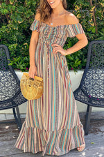 Bohemian Striped Split Joint Flounce Off the Shoulder A Line Dresses