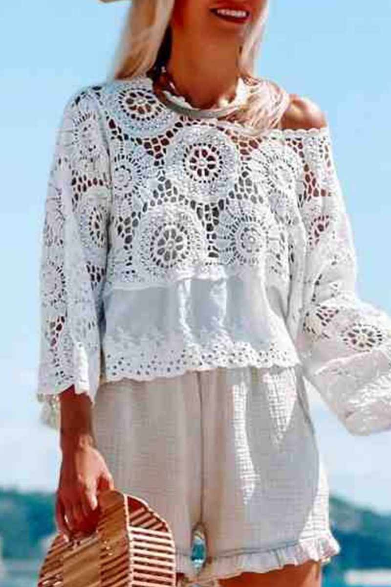 Casual  Vacation Patchwork Hollowed Out O Neck Tops