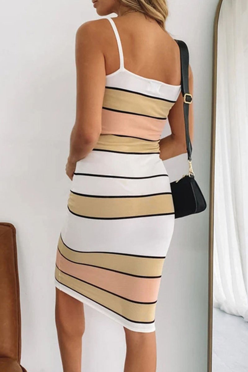 Fashion Casual Striped Split Joint Spaghetti Strap Pencil Skirt Dresses