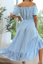 Elegant Floral Buckle Flounce Off the Shoulder Irregular Dress Dresses