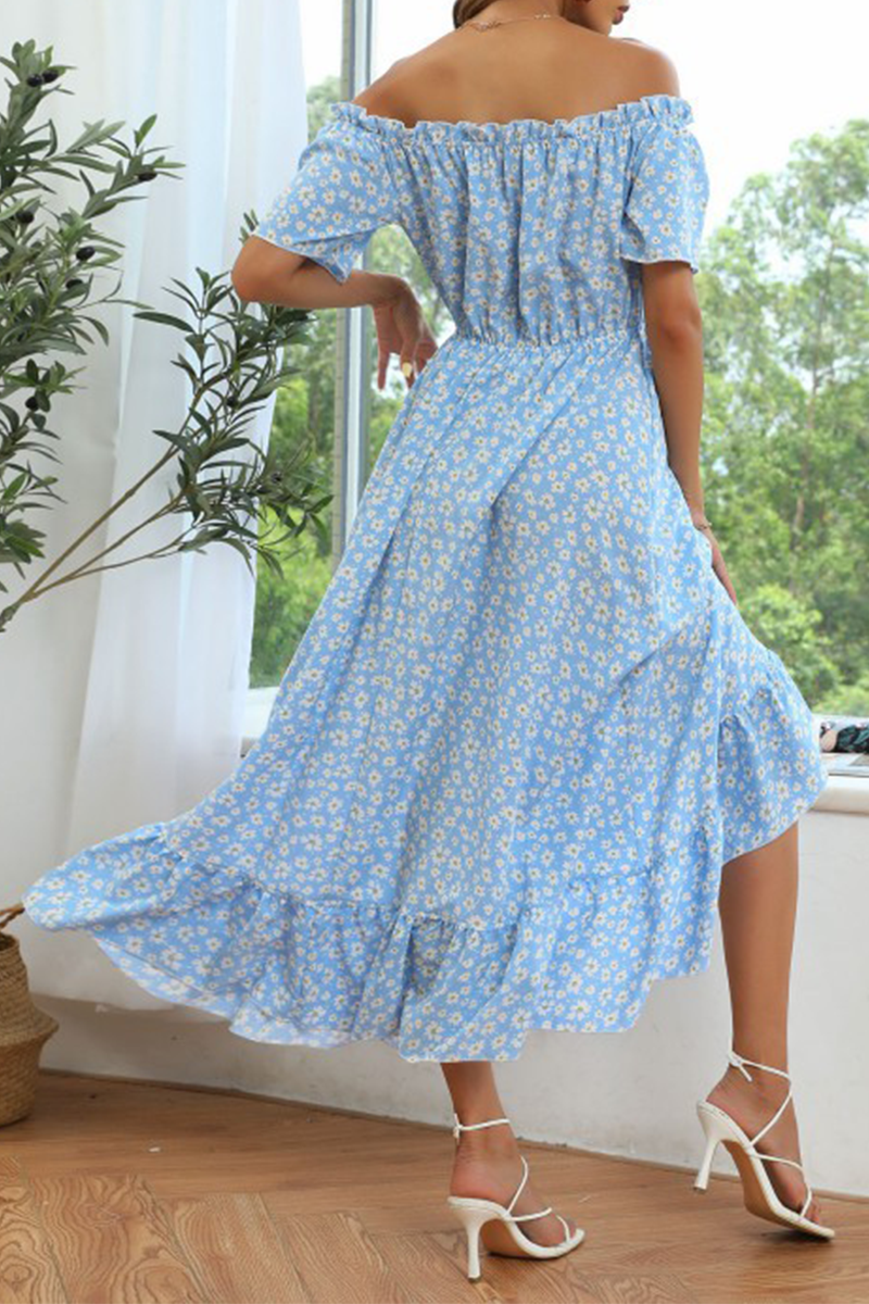 Elegant Floral Buckle Flounce Off the Shoulder Irregular Dress Dresses