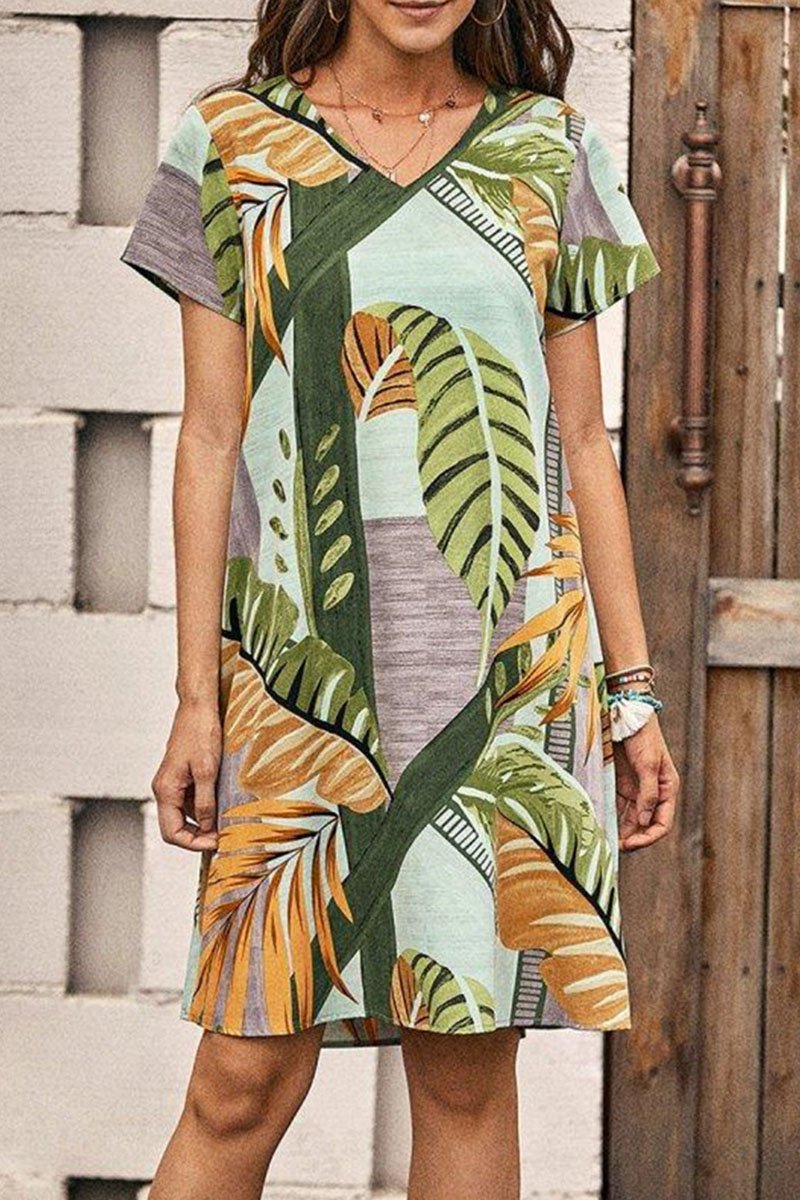 Fashion Casual Print Split Joint V Neck A Line Dresses