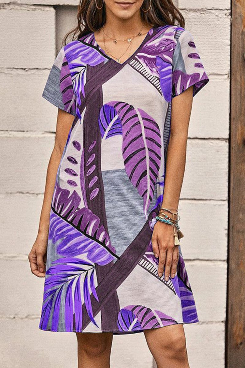 Fashion Casual Print Split Joint V Neck A Line Dresses