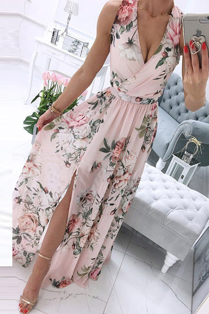 Elegant Floral Slit Fold V Neck Waist Skirt Dresses
