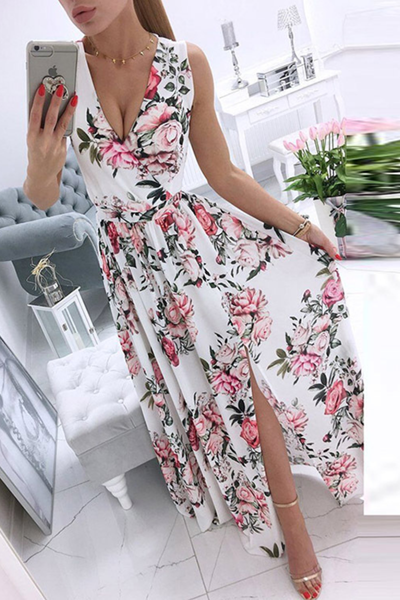 Elegant Floral Slit Fold V Neck Waist Skirt Dresses