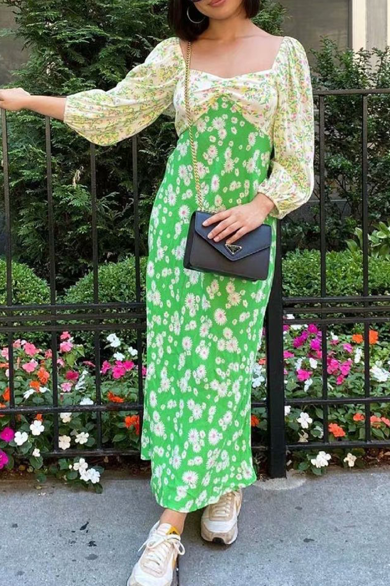 Vintage Elegant Floral Split Joint  Contrast V Neck Dresses