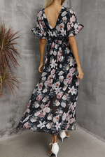 Elegant Floral Split Joint Flounce V Neck Waist Skirt Dresses