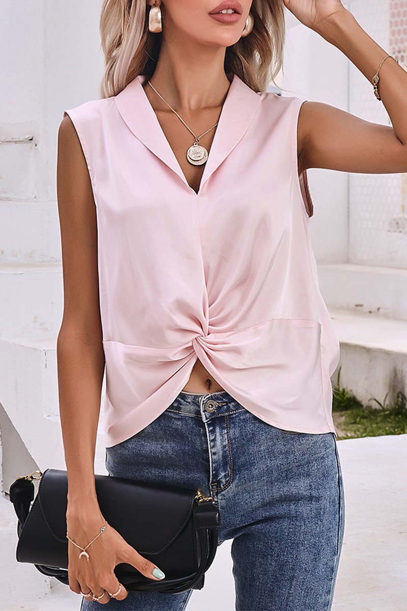 Casual Solid Split Joint Fold Turndown Collar Tops