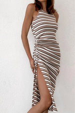Fashion Casual Striped Slit O Neck Pencil Skirt Dresses