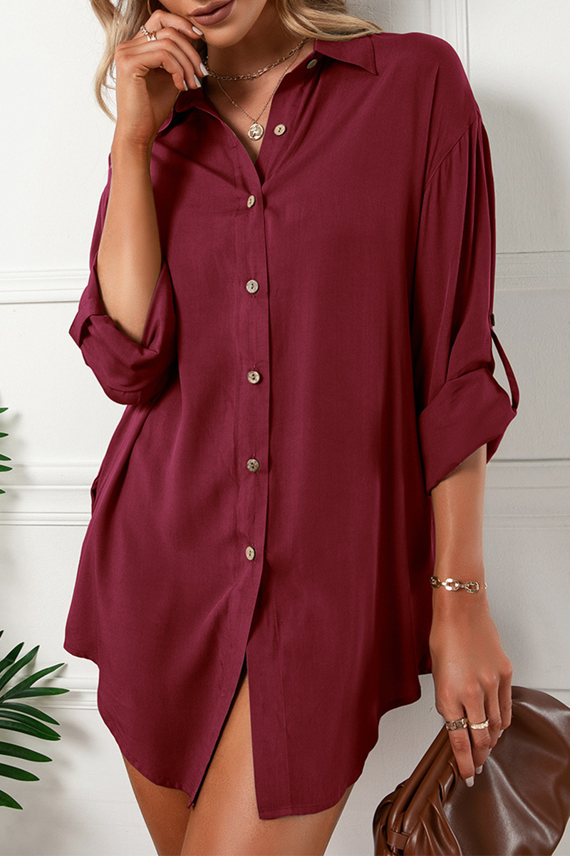 Casual Solid Buckle Turndown Collar Shirt Dress Dresses(6 Colors)