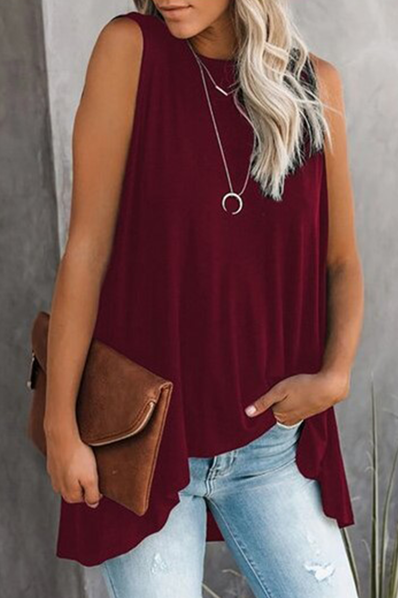 Casual Solid Split Joint Asymmetrical O Neck Tops(5 Colors)
