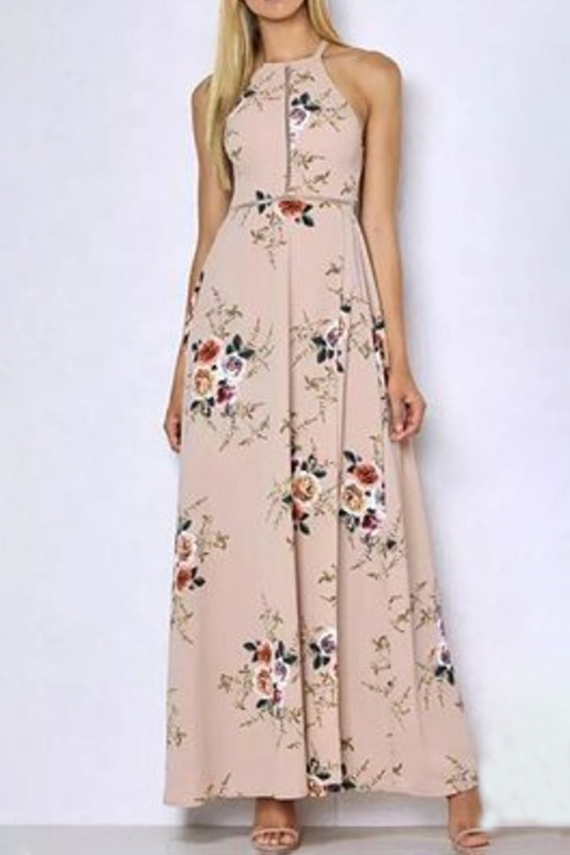 Elegant Floral Backless Slit Strap Design Halter Dresses