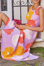 Elegant Print Split Joint O Neck Waist Skirt Dresses
