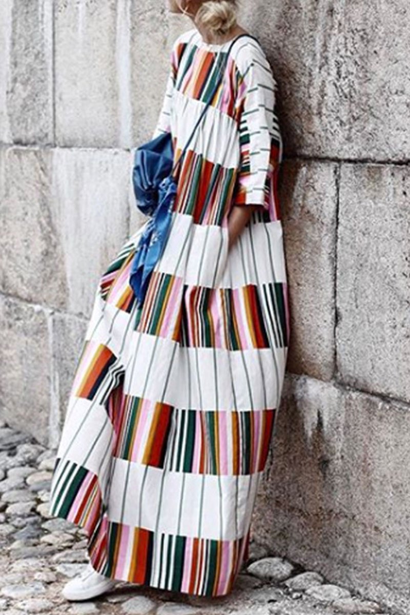 Casual Striped Split Joint O Neck A Line Dresses