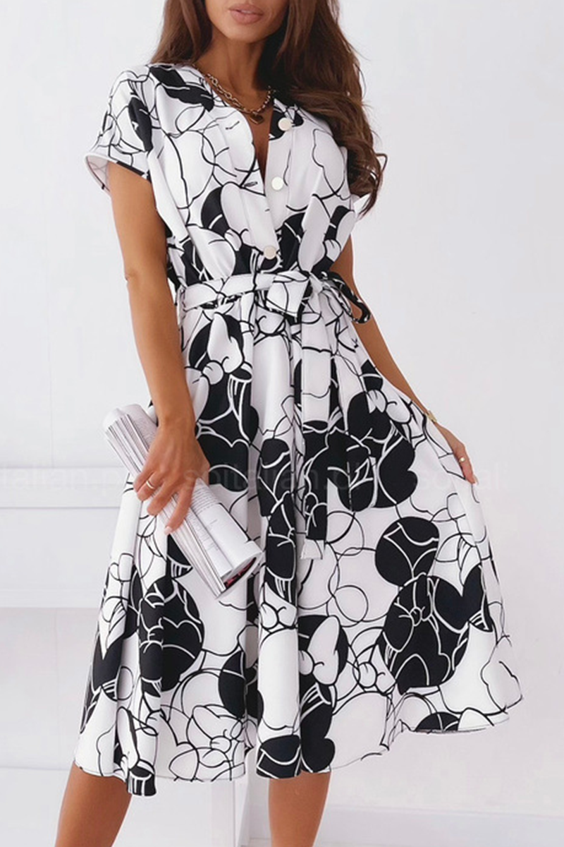 Elegant Print Buckle With Belt V Neck A Line Dresses