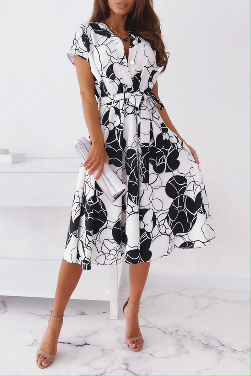 Elegant Print Buckle With Belt V Neck A Line Dresses