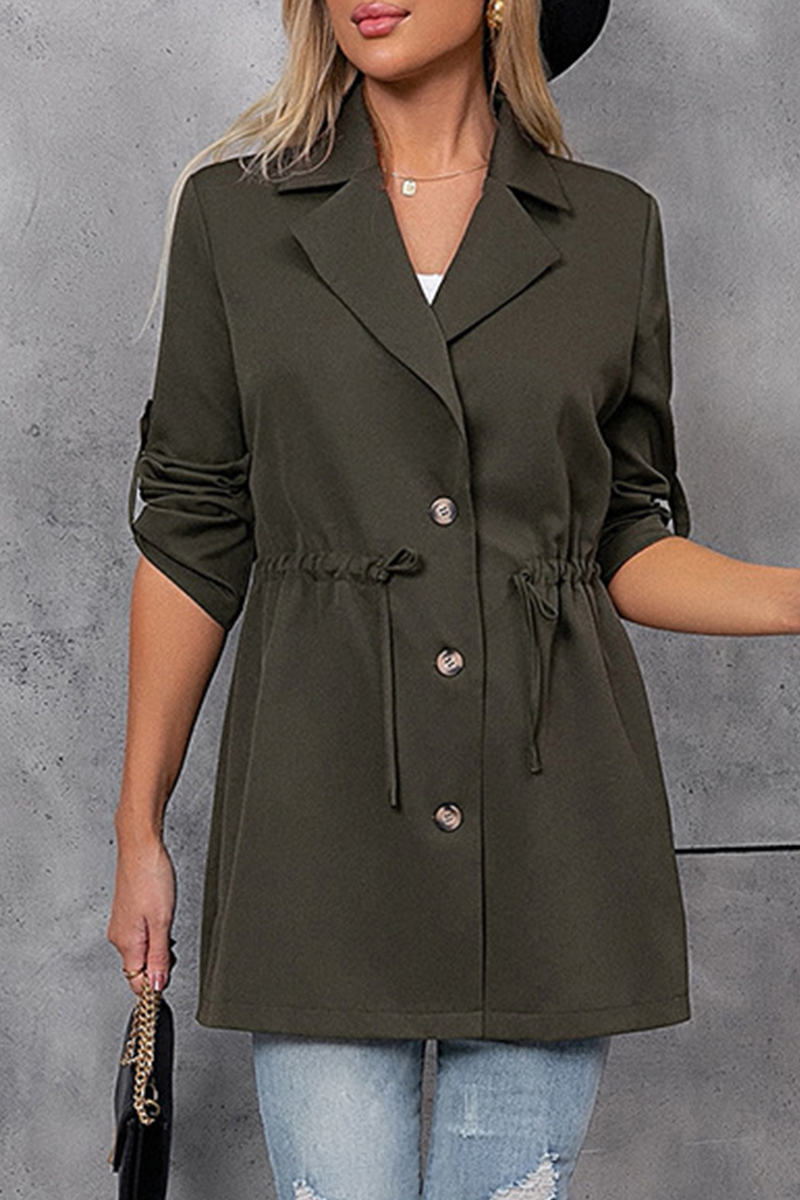 Elegant Solid Draw String Buttons Turn-back Collar Outerwear