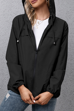 Casual Solid Draw String Zipper Hooded Collar Outerwear