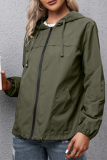 Casual Solid Draw String Zipper Hooded Collar Outerwear