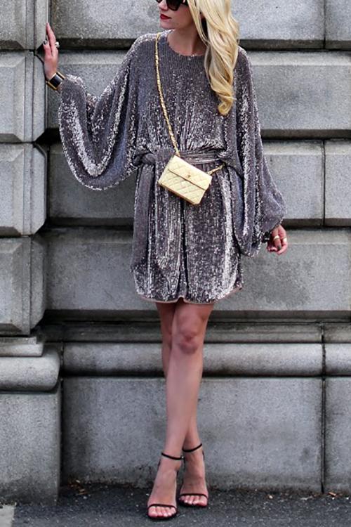 Sequin Puff Sleeve Belted Mini Dress