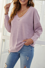 Casual Solid Split Joint V Neck Tops