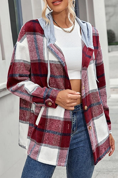 Casual Plaid Draw String Buckle Hooded Collar Outerwear(3 Colors)