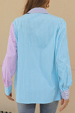 Casual Striped Split Joint Buckle Turndown Collar Tops