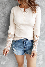 Casual Patchwork Lace Buckle O Neck Tops