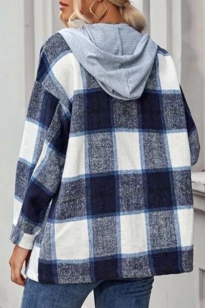 Casual Plaid Draw String Buckle Hooded Collar Outerwear(3 Colors)