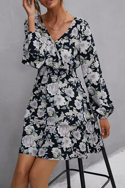 Elegant Floral Split Joint V Neck Waist Skirt Dresses