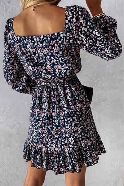Elegant Floral Split Joint Flounce Square Collar Waist Skirt Dresses