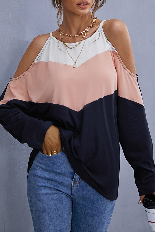 Casual Patchwork Hollowed Out  Contrast O Neck Tops
