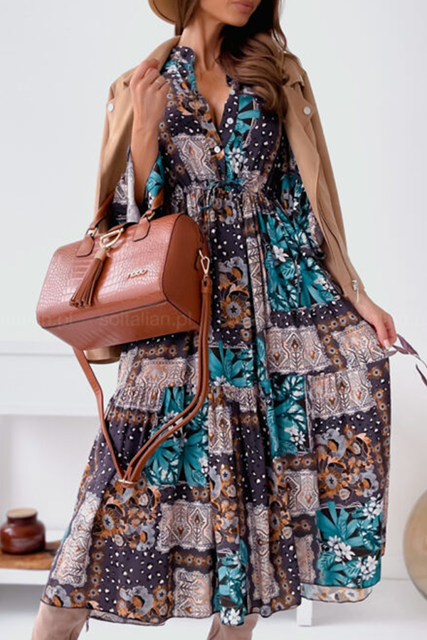 Elegant Print Buckle Flounce Mandarin Collar Dresses