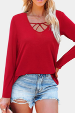 Casual Solid Hollowed Out Split Joint V Neck Tops（6 colors）