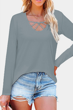 Casual Solid Hollowed Out Split Joint V Neck Tops（6 colors）