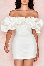 Elegant Solid Split Joint Flounce Off the Shoulder Wrapped Skirt Dresses