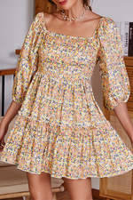 Sweet Floral Backless Flounce Fold Square Collar A Line Dresses