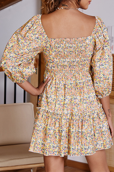 Sweet Floral Backless Flounce Fold Square Collar A Line Dresses
