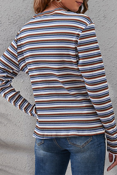 Casual Striped Split Joint Basic O Neck Tops