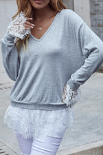 Casual Patchwork Lace V Neck Tops