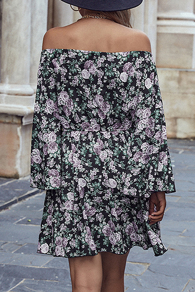 Elegant Floral Split Joint Frenulum Off the Shoulder Waist Skirt Dresses