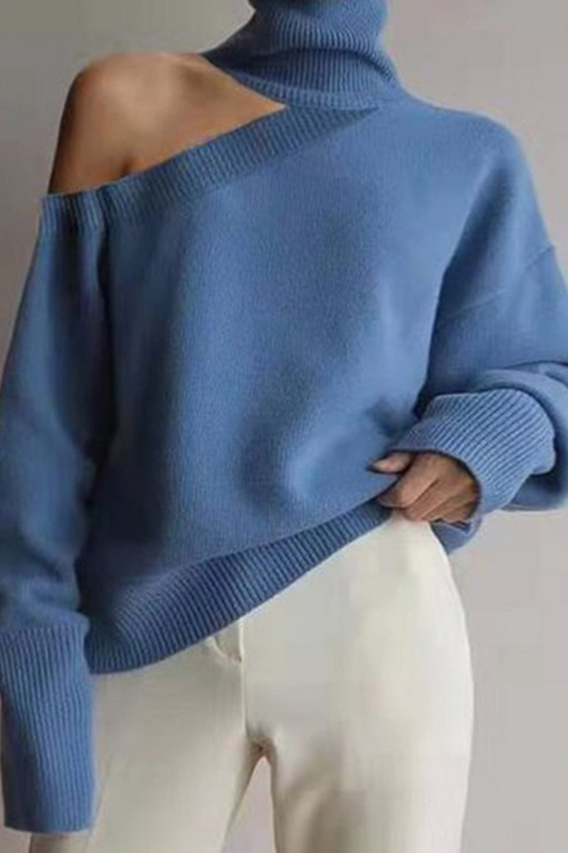 Casual Solid Hollowed Out Split Joint Turtleneck Tops Sweater
