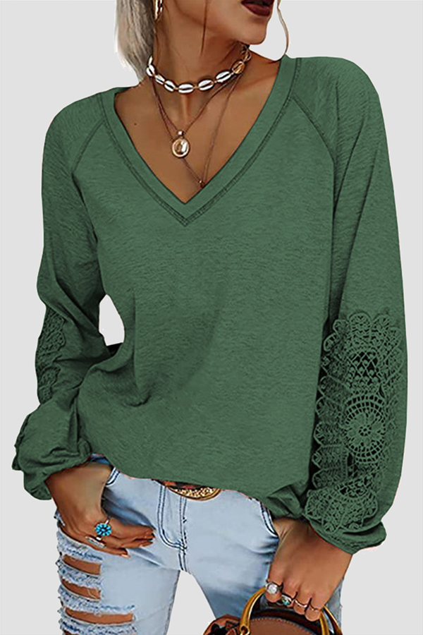 Casual Solid Lace Split Joint V Neck T-Shirts（7 colors）