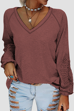 Casual Solid Lace Split Joint V Neck T-Shirts（7 colors）