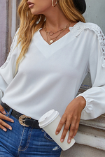 Casual Patchwork Lace Hollowed Out V Neck Tops