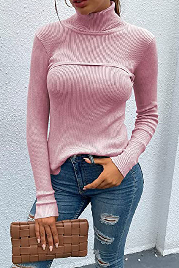 Casual Solid Split Joint Turtleneck Tops（5 colors）