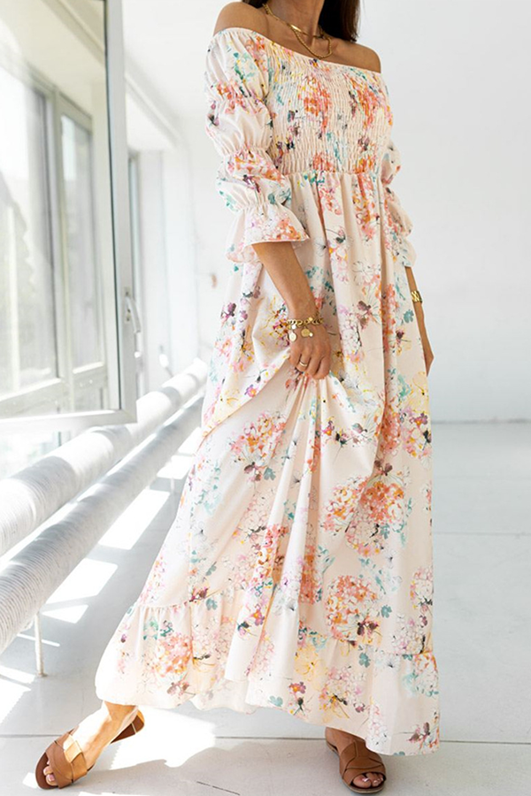 Elegant Floral Flounce Fold Off the Shoulder A Line Dresses