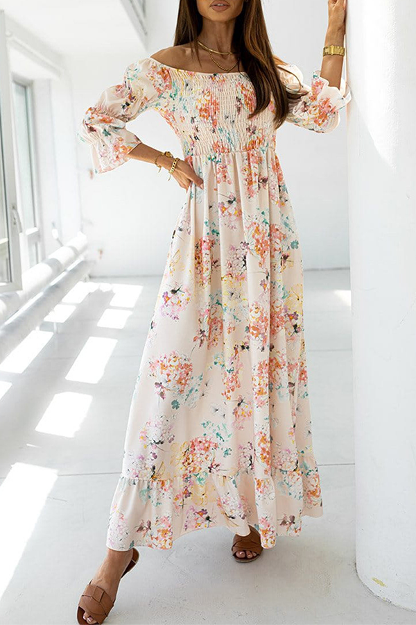 Elegant Floral Flounce Fold Off the Shoulder A Line Dresses