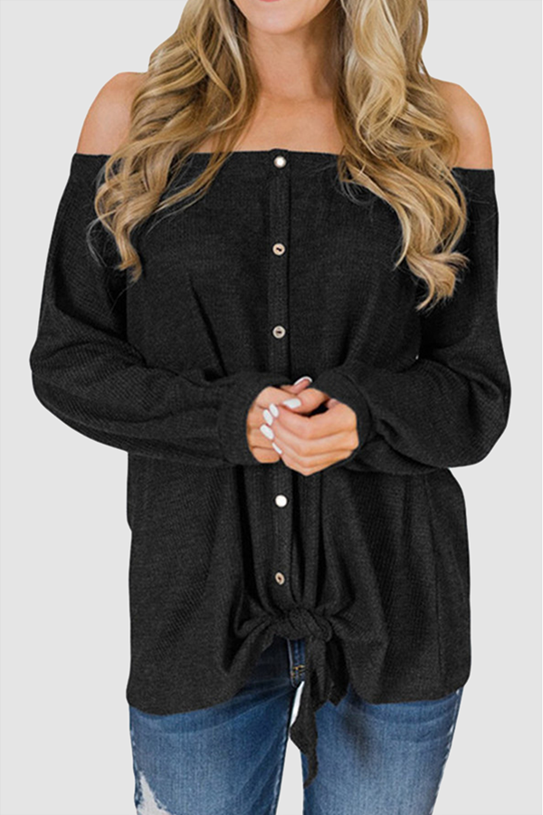 Casual Solid Buckle Knotted Off the Shoulder Tops