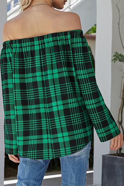 Casual Plaid Split Joint Off the Shoulder Tops